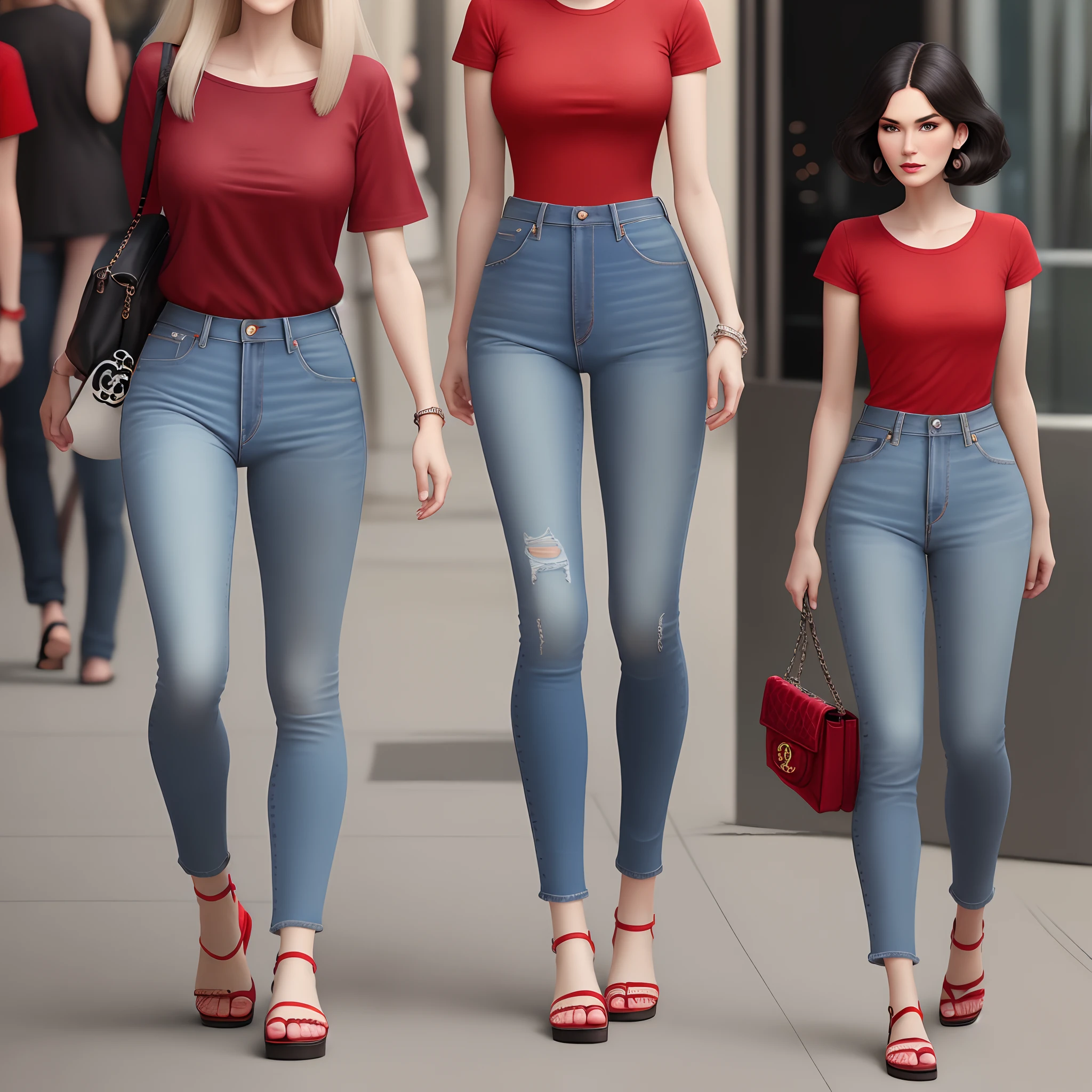 Pixar Style: Tall 35 Woman, Chanel Hair, Straight, Jeans, Red T-Shirt and Flat Sandals