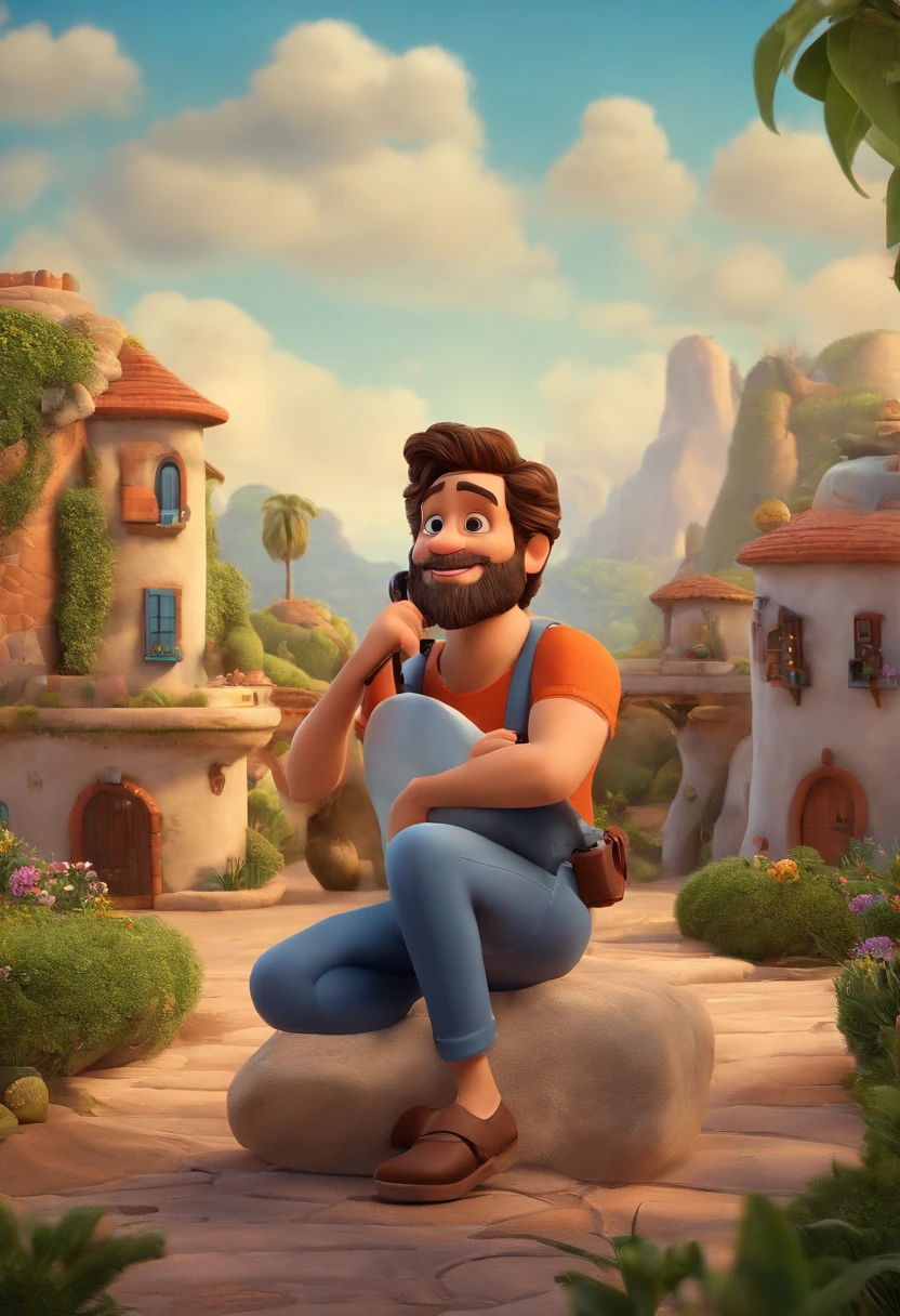 um homem, em breve, barba curta, olhos castanhos, com fones de ouvido, A music studio in the background, Imagem no estilo Pixar, Estilo de filme animado 3D, Disney, camiseta branca