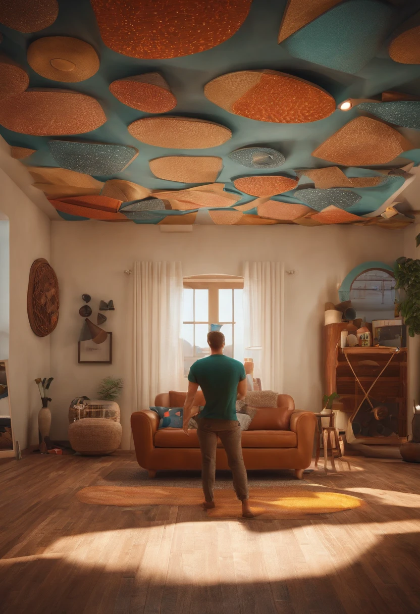um homem, em breve, barba curta, olhos castanhos, com fones de ouvido, A music studio in the background, Imagem no estilo Pixar, Estilo de filme animado 3D, Disney, camiseta branca