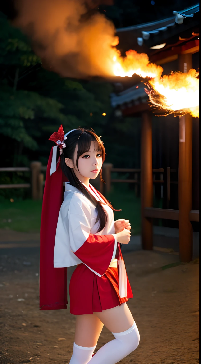 shrine maiden、silber hair、Eboshi、a miniskirt、Black High Socks、hiquality、Fire Effect