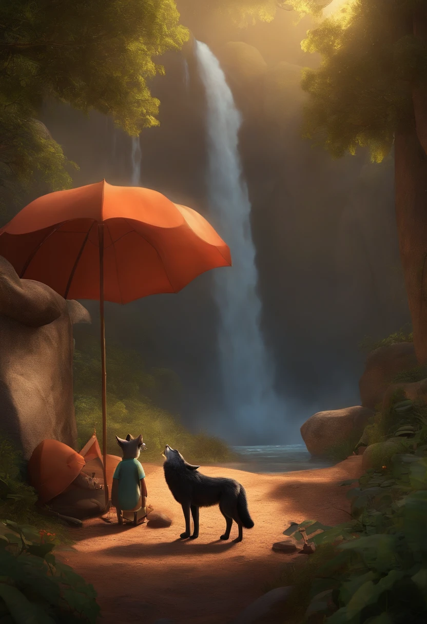 Image of an attempt at a story in a YouTube video in Pixar format, By the tents we have a wolf He's the little one He's outgoing, Playful and next to it there is a waterfall