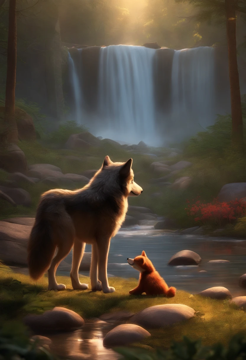 Image of an attempt at a story in a YouTube video in Pixar format, By the tents we have a wolf He's the one He's outgoing, Playful and next to it there is a waterfall