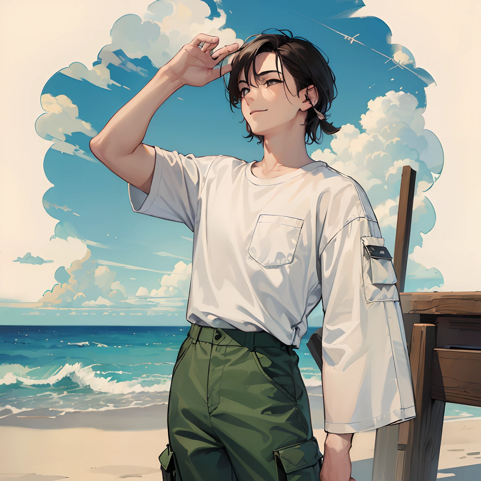 ((masterpiece、top-quality、8K))、Short all-back、Laugh aloud:2、Khaki Cargo Pants、White T-shirt、A dark-haired、
