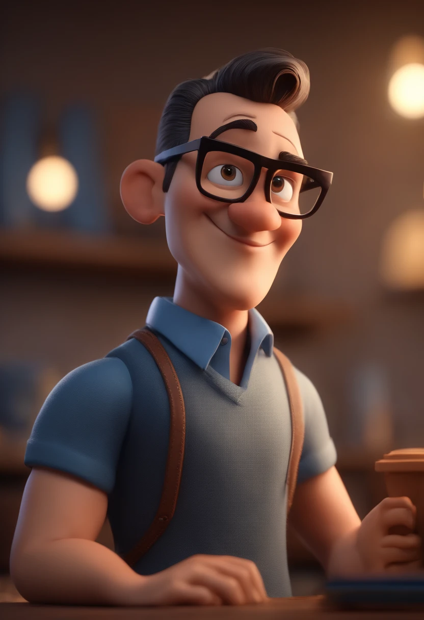 Cartoon character of a man with black glasses and a blue shirt, animation character, Caractere estilizado, animation style rendering, 3D estilizado, Arnold Maya render, 3 d render stylized, toon render keyshot, Personagem 3D, Personagem 3D, 3d rendering stylized, 3 d character render, personagem de desenho animado, Personagem de close up, Pose de personagem, (Estilo Pixar) (master part:1.2) (Bokeh) (best quality) (pele detalhada) (textura detalhada) (8k) (argila) (Cinematic lighting) (foco nítido