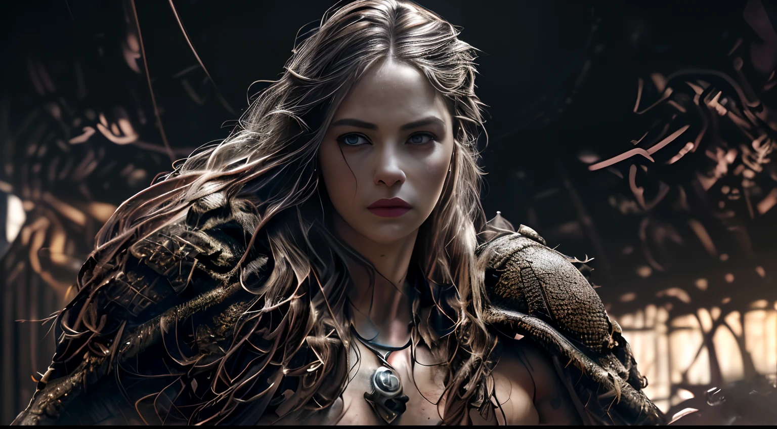 ((Top Quality: 1.4))), (Unparalleled Masterpiece), (Ultra High Definition), (Art by Carne Griffiths), (Ultra-Realistic 8k CG), official art, hands on head, viewed from below, (Dark Shot), Beautiful gladiator, highly detailed armor and Gauntlets, messy Hair, beautiful cleaned face, muscular_body:1.4, tanned skin:1.2, half body image from head to thigh, many tribal tattoos on body, curvy body:1.2, ancient Rome city background, sunlight makes beautiful gradient of shadow and adds depth to image, (muted colors, dim colors, muted tones: 1.3), low saturation, (hyper detail: 1.2), perfect anatomy,1,
