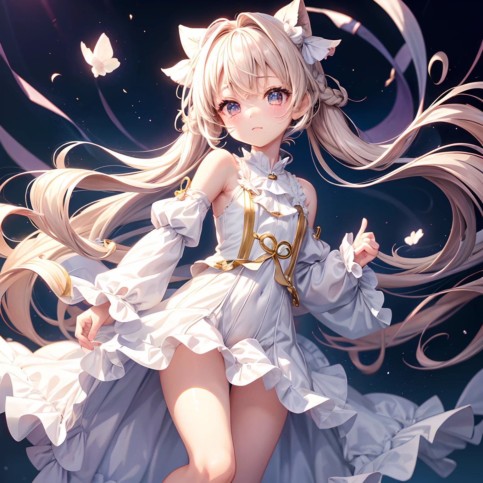 Anime Pictures、Cute  s、Twin-tailed、baggy white clothes、Fine decoration on clothes、sf、Glossy cream-colored hair、Shoulder-length design、appearance々Clothes with a good design、Leotards and ruffles、Shy face