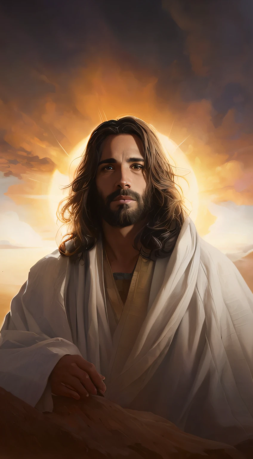 Jesus in the desert with a sun behind him, Retrato de Jesus Cristo, Jesus Cristo, Jesus, Greg Olsen, O Senhor e Salvador, jesus of nazareth, rosto de Jesus, sun behind him, Jon McNaughton, inspirado em Christophe Vacher, Jovem Deus Todo-Poderoso, Directed by: Thomas Blackshear, Retrato de um Deus Celestial, Luz gloriosa, Directed by: James Ryman