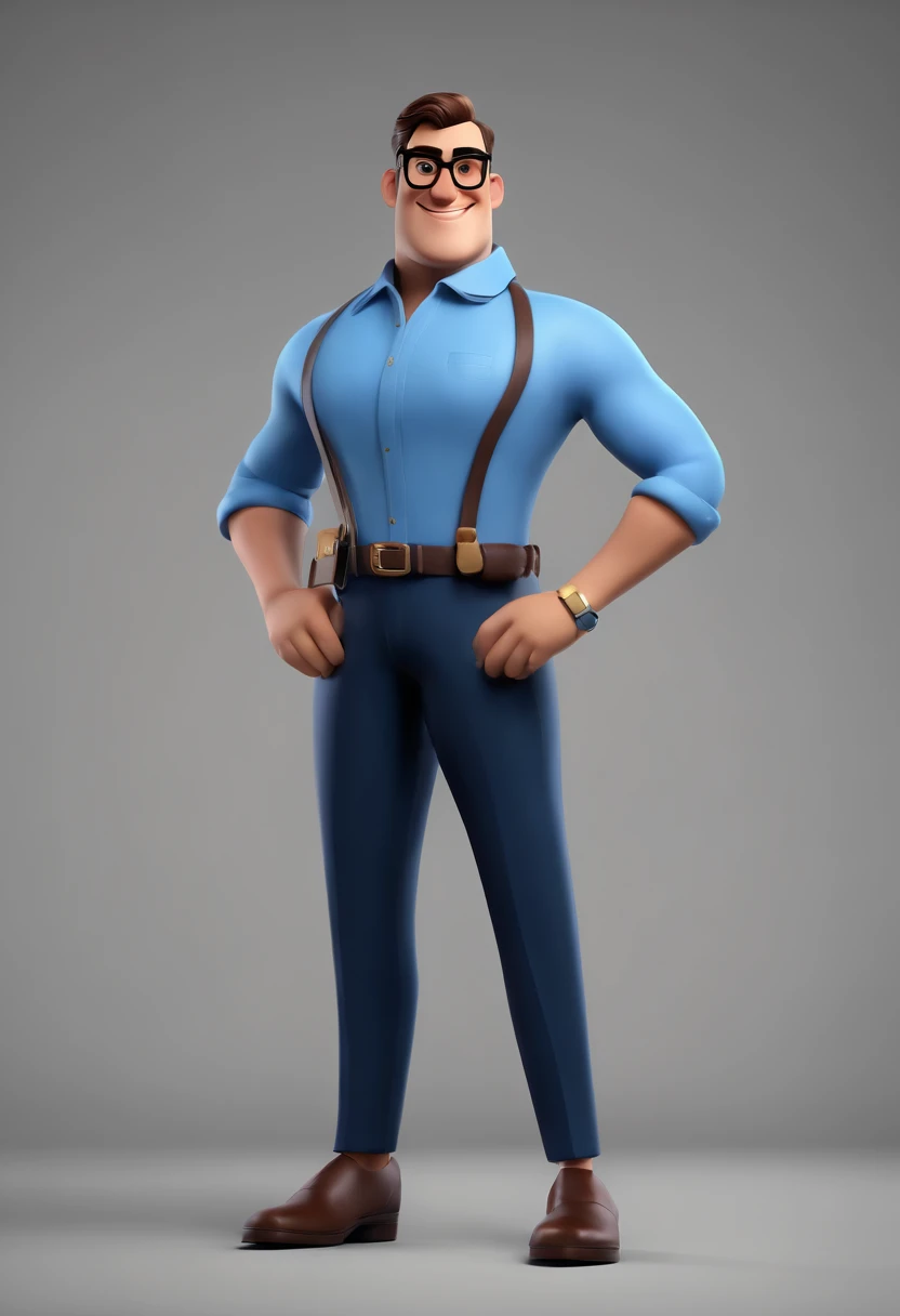 Cartoon character of a man wearing black glasses and a blue shirt, um personagem animado, Caractere estilizado, animation style rendering, 3D estilizado, Arnold Maya render, 3 d render stylized, toon render keyshot, Personagem 3D, Personagem 3D, 3d rendering stylized, 3 d character render, personagem de desenho animado, Personagem de close up, Pose de personagem, (Estilo Pixar) (master part:1.2) (Bokeh) (best quality) (pele detalhada) (textura detalhada) (8k) (argila) (Cinematic lighting) (foco nítido,Senta e vaza a parte superior do corpo