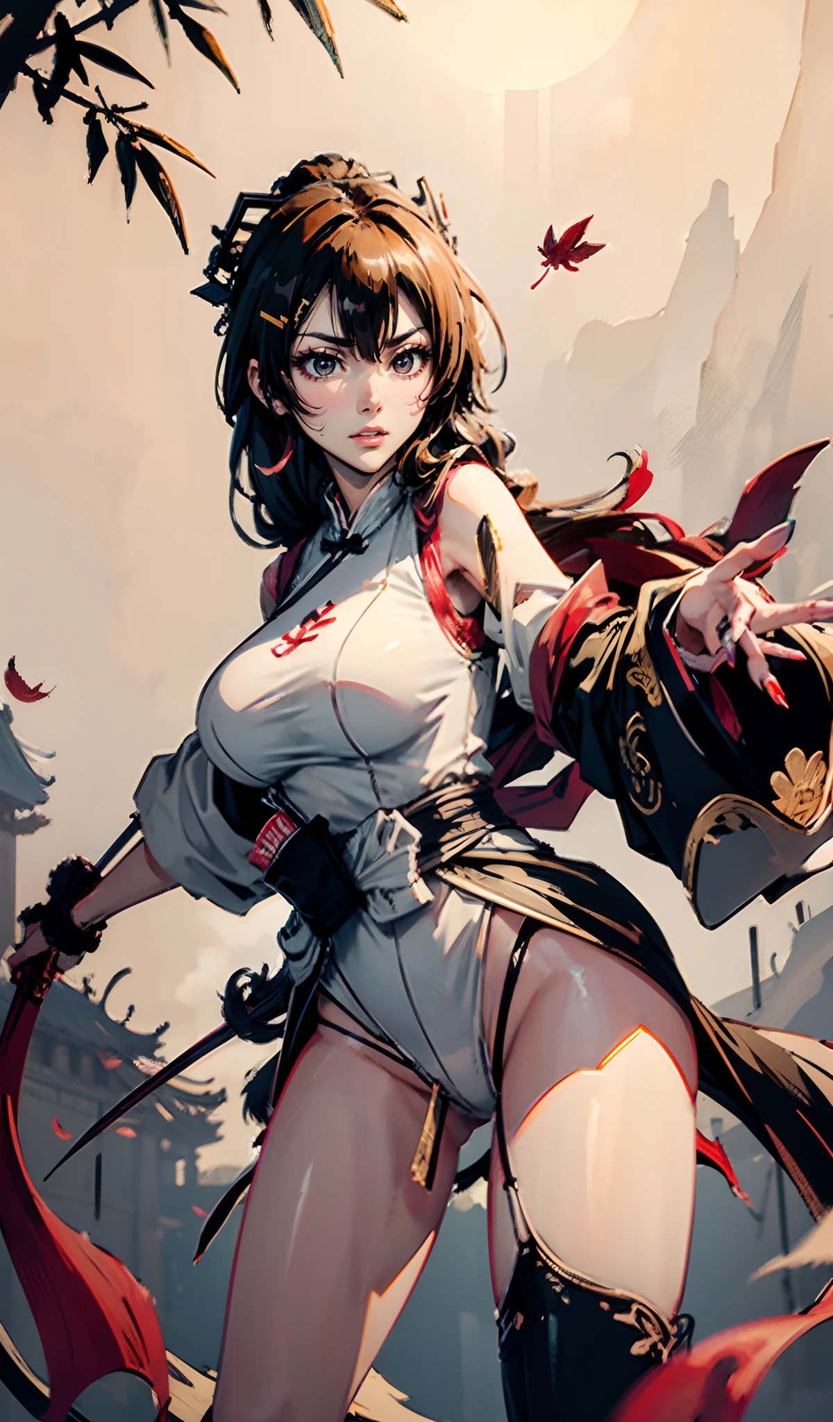 Complete body,Perfect facial features, There are 7 swords, Chinese clothing in the Taiji diagram, Sexy figure, Red nails, Bare and beautiful legs, Torn clothes, Sweaty body, Chinese Kung Fu, Tai Chi pattern city, Sunrise in the bamboo forest, ornate decoration, flying leaves,rivulets, Vast ocean, ripped clothing, High resolution wallpaper, Extremely detailed, Beauty and aesthetics, Pigs fly in the sky, Master masterpieces, whole body display, Show your toes,Red nail polish,Very high saturation