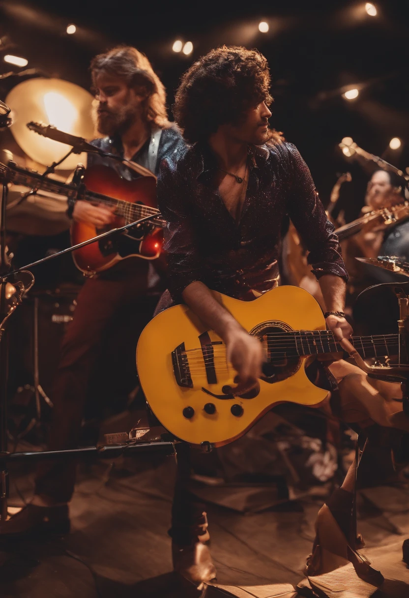 3 abutres cegos tocando em uma banda, primeiro abutre toca guitarra segundo abutre toca bateria terceiro abutre toca baixo. estilo anime