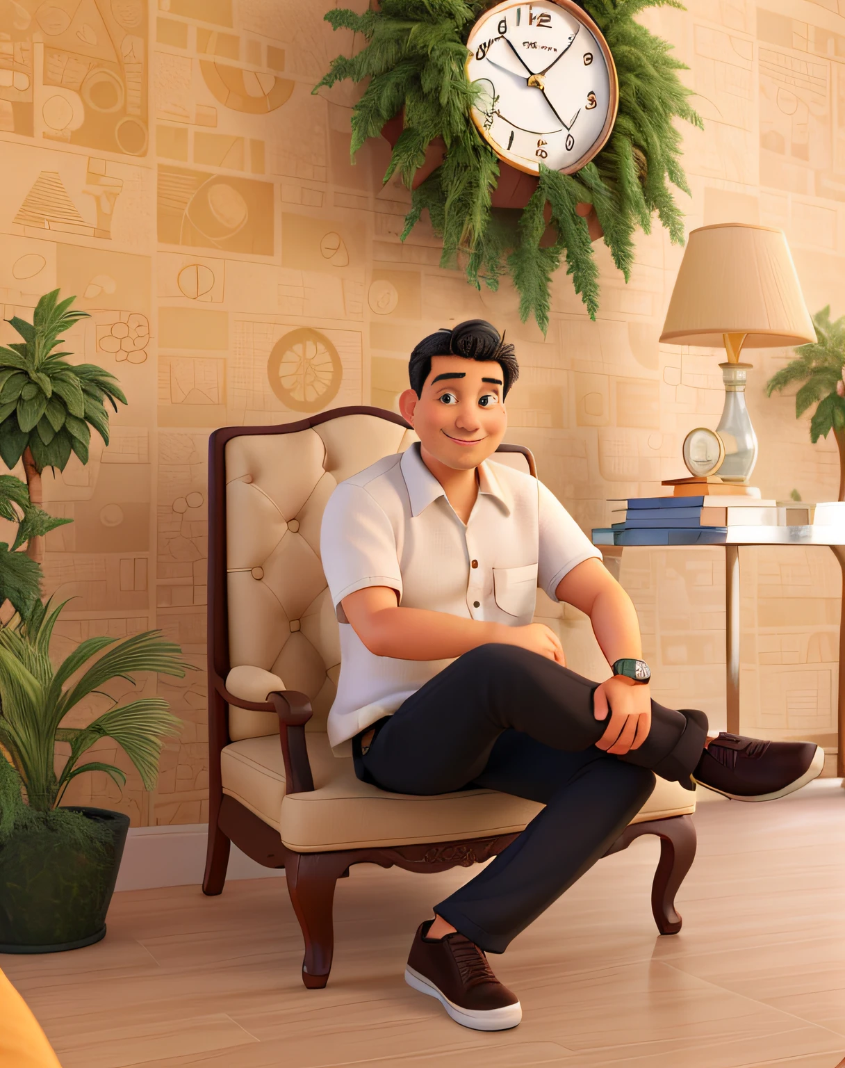 "A 3D movie poster in Disney-Pixar style of a 40-year-old white man with a smiling face, straight black hair, wearing a white dress shirt, black pants, and brown sneakers, with a golden watch, sitting in an armchair with crossed legs and hands on his lap, against a beige wallpaper with arabesque design, and with some plants in the background.