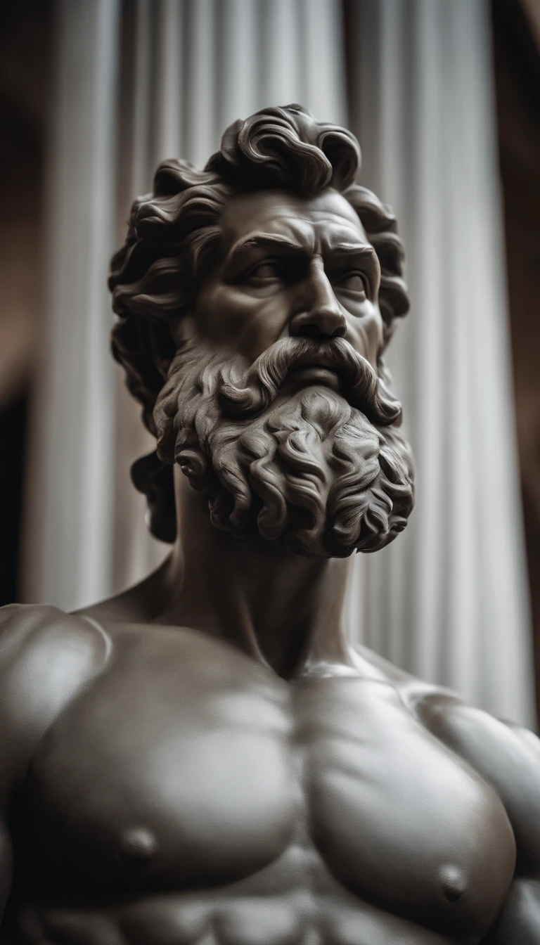 a close up of a statue of a man with a beard, a statue inspired by Exekias, Destaque no Zbrush Central, arte digital, statue of hercules looking angry, muscular character, escultura realista de 8k bernini