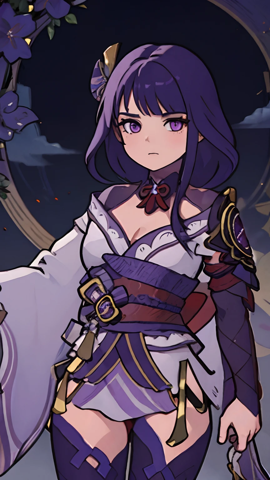 raiden shogun, 1girl, solo, breasts, purple eyes, purple hair, cleavage, japanese clothes, kimono, long hair, hair ornament, mole under eye, braid, sash, looking at viewer, mole, bangs, obi, white background, obiage, closed mouth, simple background, flower, tassel, shoulder armor, purple flower, obijime, upper body, purple kimono, large breasts, ribbon, armor, vision \(genshin impact\), hair flower <lora:raiden_shogun-ani1.5v1-000002:1>