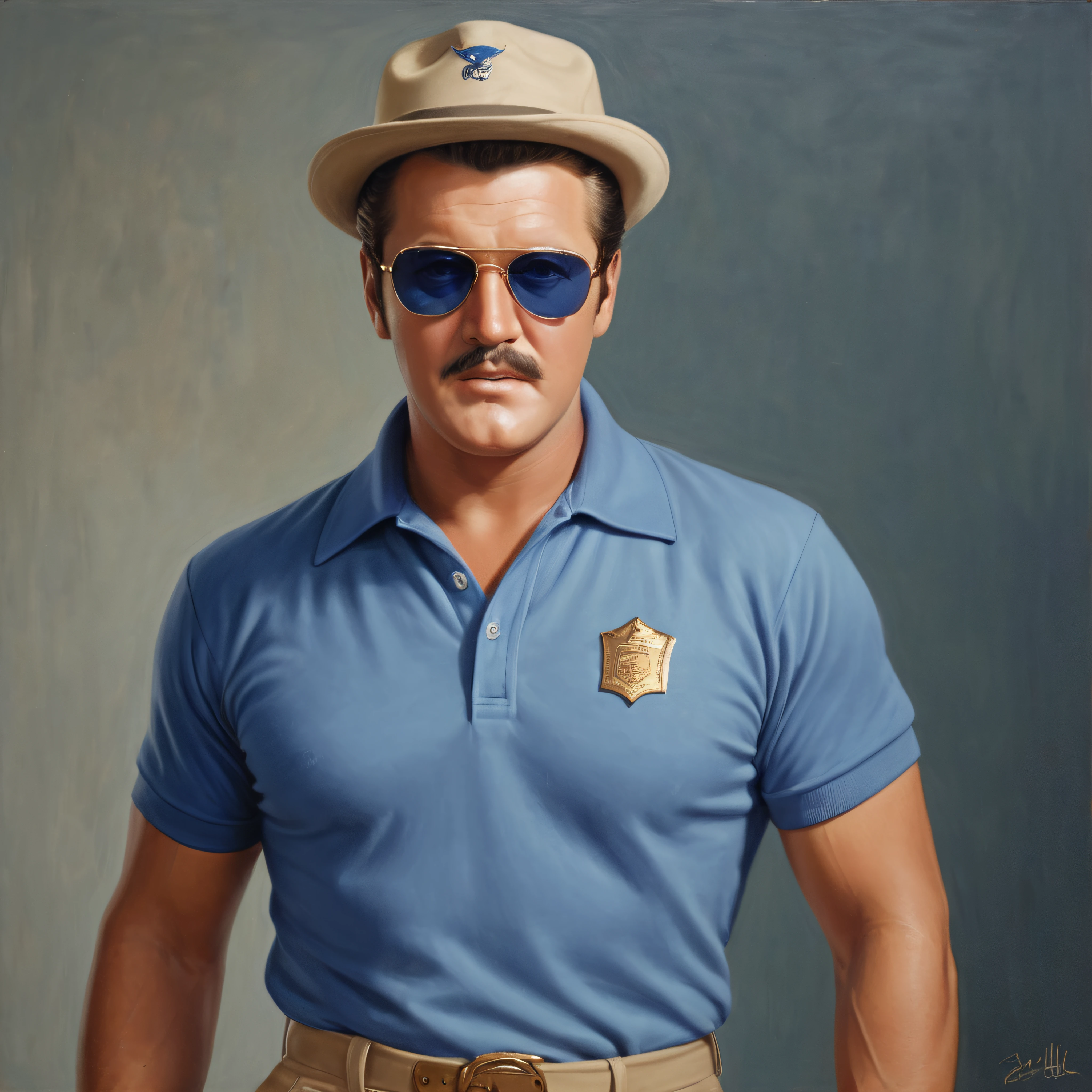 Lee Majors/George Reeves/Elvis Presley hybrid, 180 pound man with a mustache, wearing a tan khaki shorts, a blue Polo shirt, and a Baseball cap, sunglasses, extremely short, buzz-cut hair and a thin, dark mustache, cobalt-blue eyes, oil painting on canvas in the art style of Julie Bell
