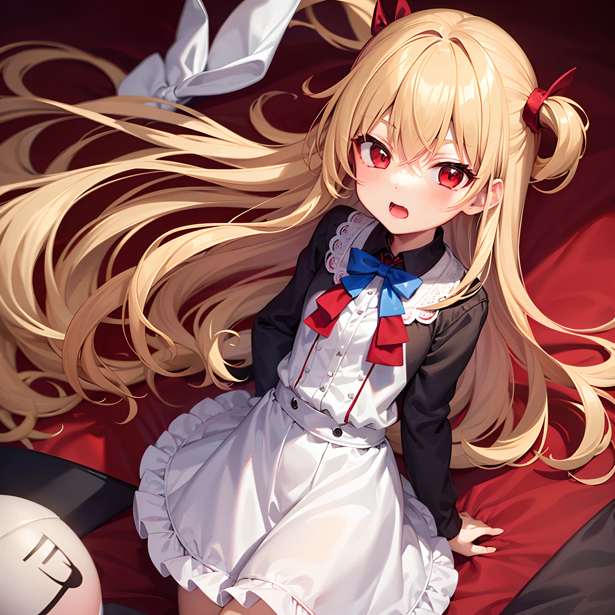 1girls, loli, vampire, short, red eye, long blonde hair, cute, using red army school uniform, using white skirt, using blue bowties