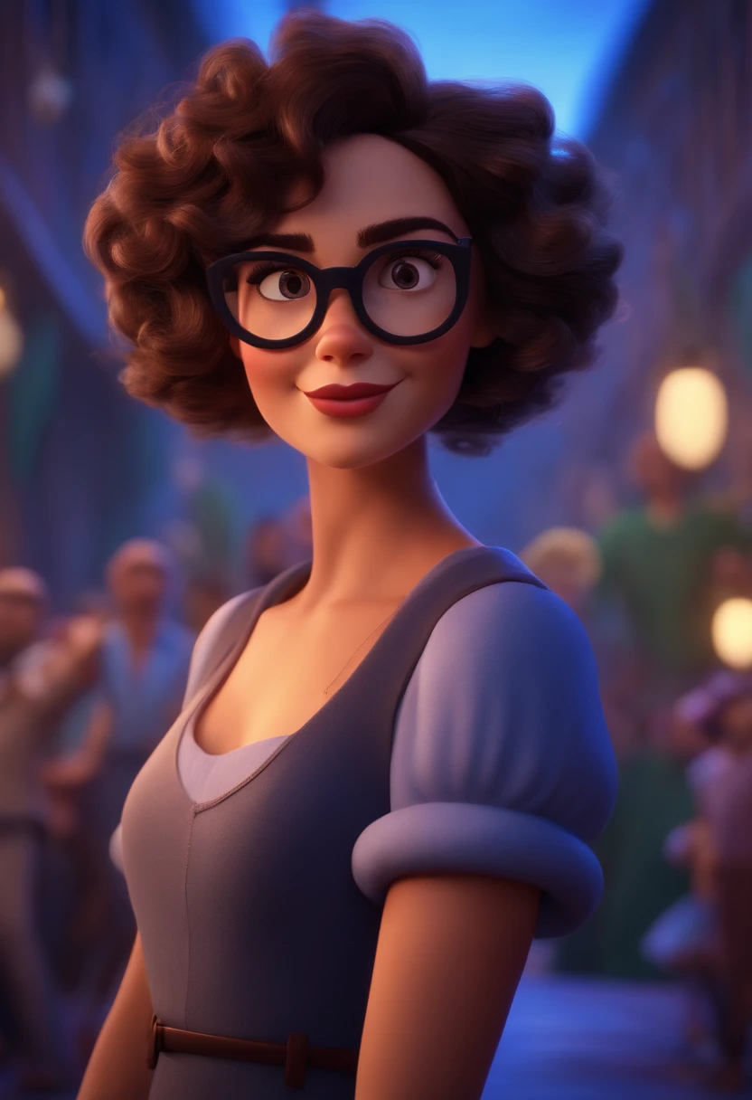 Pixar style image with 3D character white glasses brunette woman short curly hair dancing, Maquiagem Disney,Pescador, bonitinho, sorridente ,Close-up, Pixar, Disney, Cinema lighting,