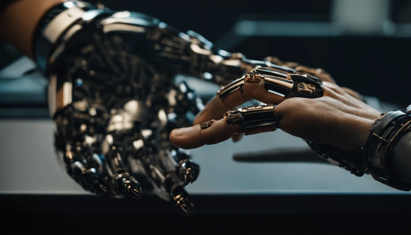 A human hand and a robotic hand almost touching each other, no fundo um buraco negro, Michelangelo Trace