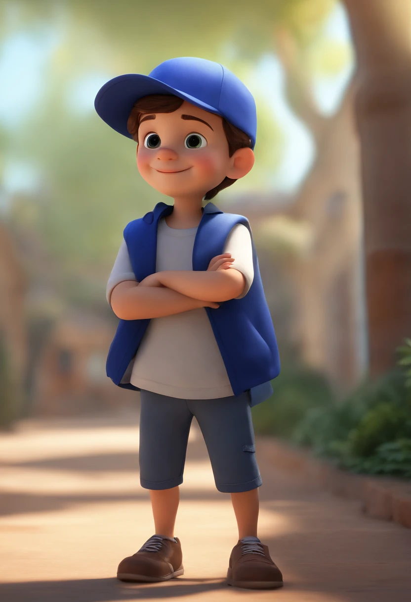 A happy cute boy standing short hair with dark blue cap , vestindo uma camisa azul , , fundo branco, barnet, Tom, Estilo Pixar, ......3d, desenhos animados, rosto detalhado, asymmetrical 16k
