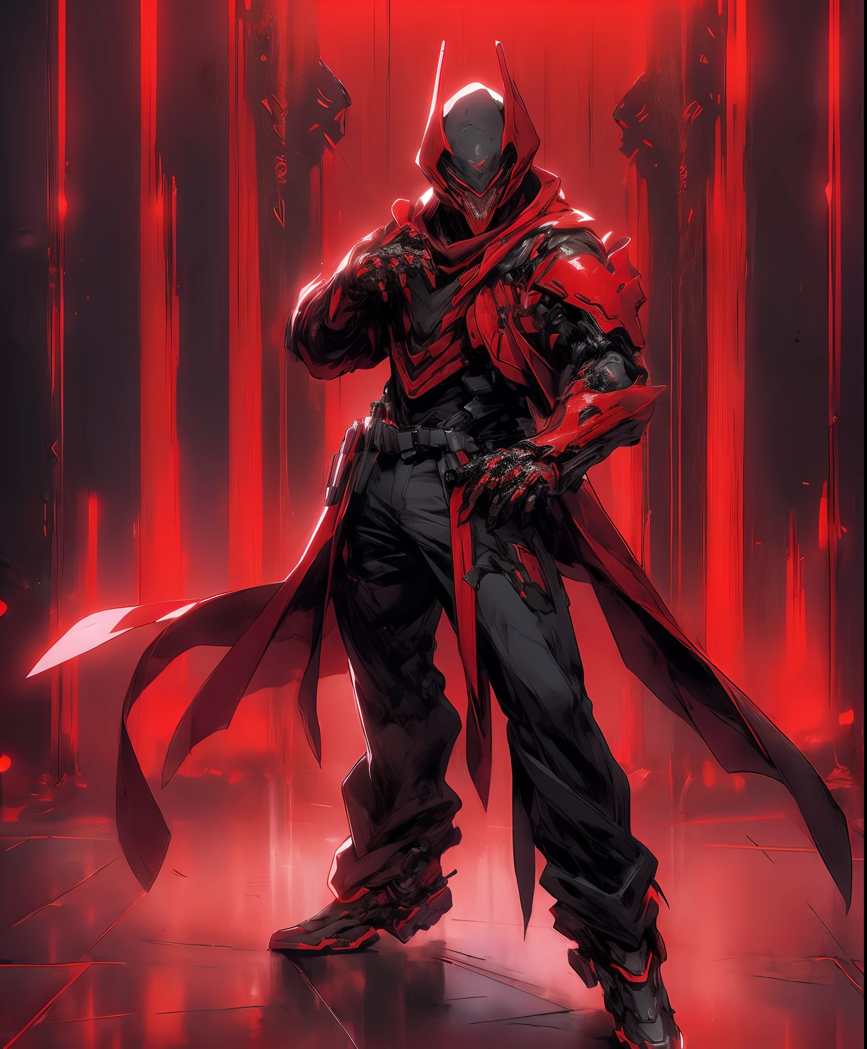 a man in a red jacket and black pants standing in a dark room, wearing cultist red robe, crimson attire, character from mortal kombat, as a character in tekken, fighting game character, cyberpunk assassin, red hooded mage, cyberpunk outfits, crimson clothes, the red ninja, wearing leather assassin armor, an edgy teen assassin, cool red jacket, cyberpunk street goon