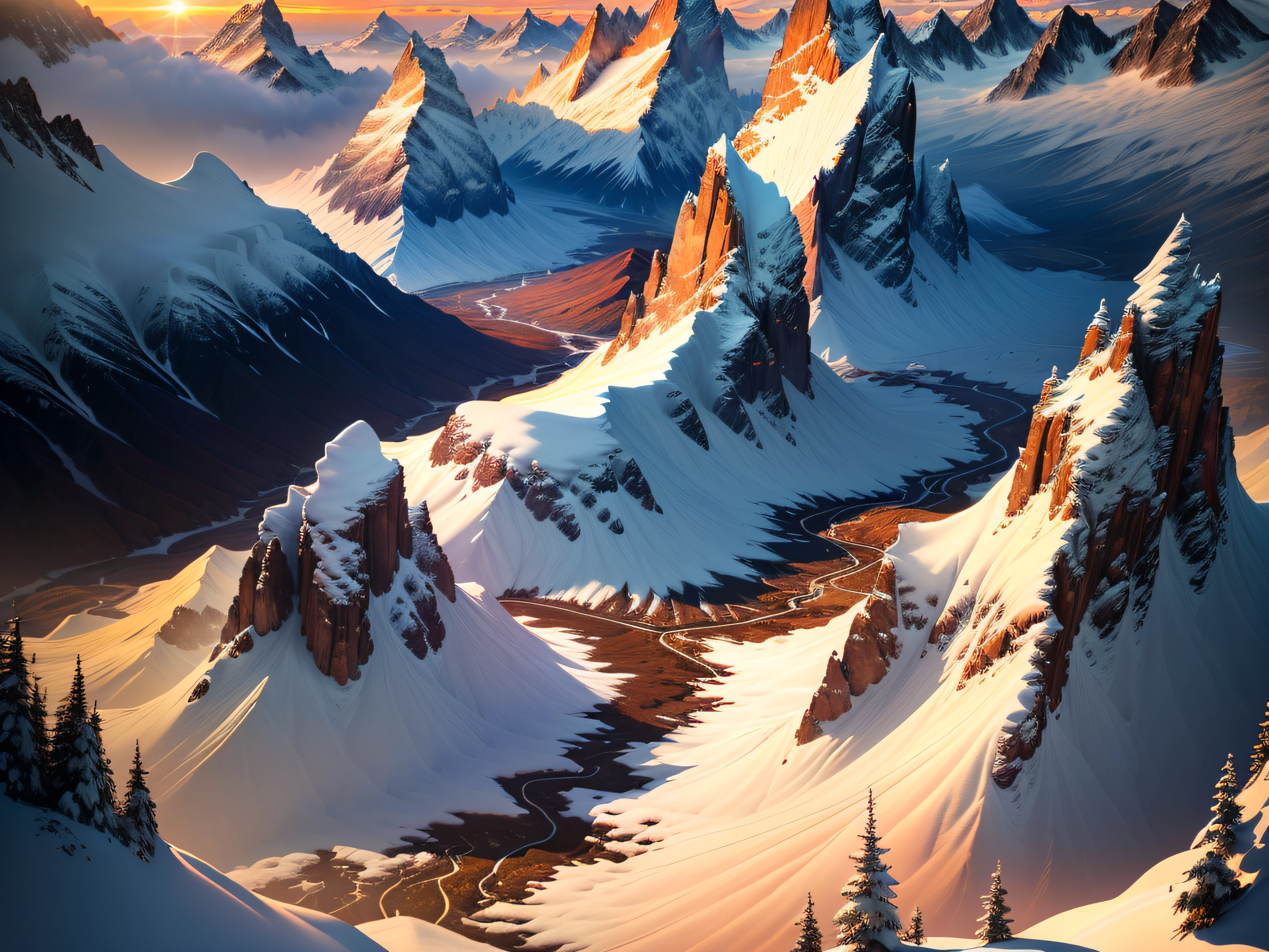 The mountains are covered in snow，Densely wooded，Sunset, mountain sunrise, last light on mountain top, ryan dyar, ultra wide lens shot，large scene，inspired by Michael Komarck, epic sunrise, sunrise light, log cabin beneath the alps, Sunset light, Amazing wallpapers, Beautiful wallpaper, Wallpaper 4k, wallpaper 4 k, sunshine lighting high mountains, 8K stunning artwork, marc adamus，Fantastic clouds