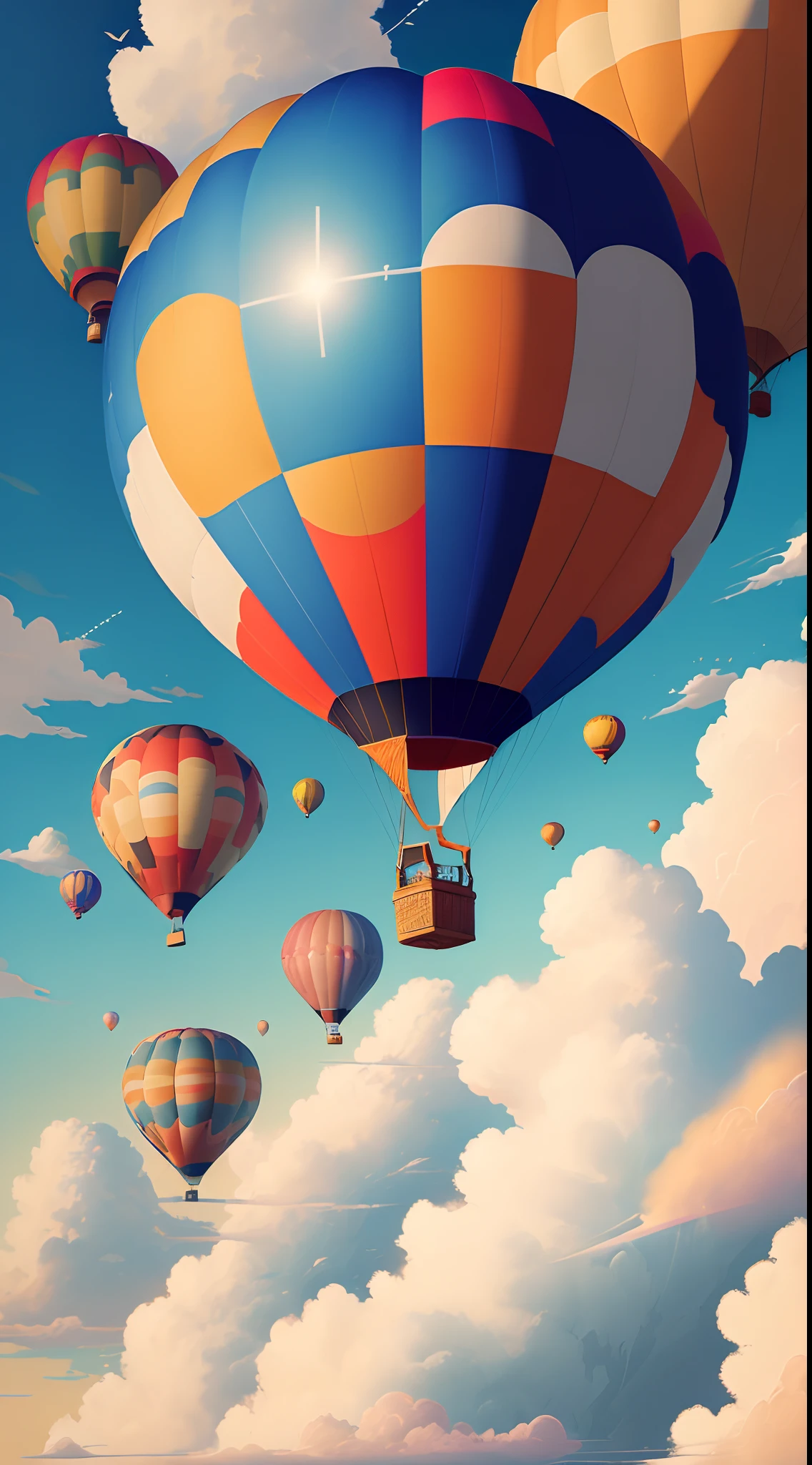 (1 hot air balloon floating in the sky)，Colorful illustrations，mind-blowing views，bird's eyes view，Fantastical Atmosphere，Sunny day，blue-sky，Fluffy clouds，Extraordinary visuals，Professional artwork。(Best quality,4K,8K,A high resolution,Masterpiece:1.2), Ultra-detailed, Realistic:1.37, Vivid colors, hdr。