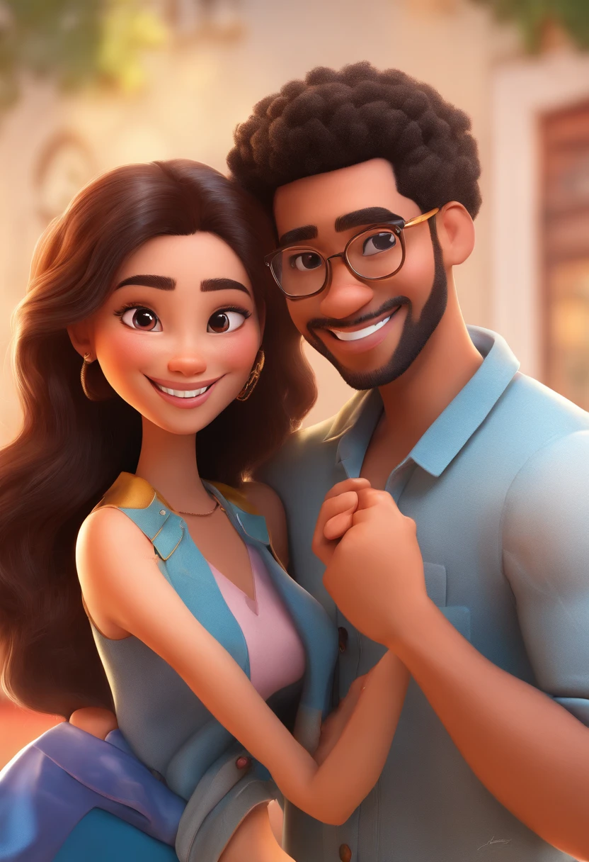 An illustration of an adorable couple, Highlight for a chubby mulatto man with glasses smiling and a brunette woman with beautiful expressive eyes - the man's skin is mulatto and the man's hair haswhile the woman's skin is black and the woman's hair is straight and brown. They are a bright room, cada um com um sorriso no rosto, e compartilhar um momento especial caracterizado pelo amor, Insights. Illustrate this scene from a perspective where they are facing the camera, Smiling and Showing Your Connection. Desenvolva esta arte em Full HD, Focus on your cinematic touch, Estilo Disney Pixar Animations