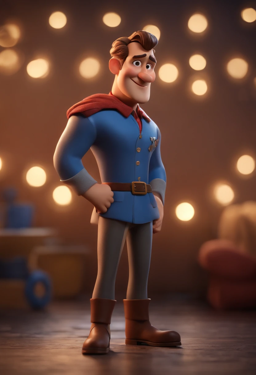 Personagem de desenho animado de um homem e uma camisa azul, um personagem animado, Caractere estilizado, animation style rendering, 3D estilizado, Arnold Maya render, 3 d render stylized, toon render keyshot, Personagem 3D, Personagem 3D, 3d rendering stylized, 3 d character render, personagem de desenho animado, Personagem de close up, Pose de personagem, (Estilo Pixar) (master part:1.2) (Bokeh) (best quality) (pele detalhada) (textura detalhada) (8k) (argila) (Cinematic lighting) (foco nítido，Senta e vaza a parte superior do corpo