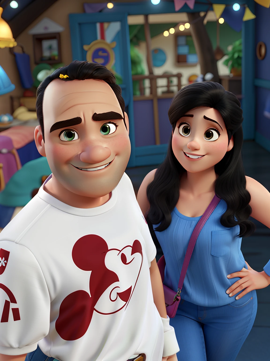 Casal feliz estilo Disney Pixar. Cabelo mulher castanho loiro