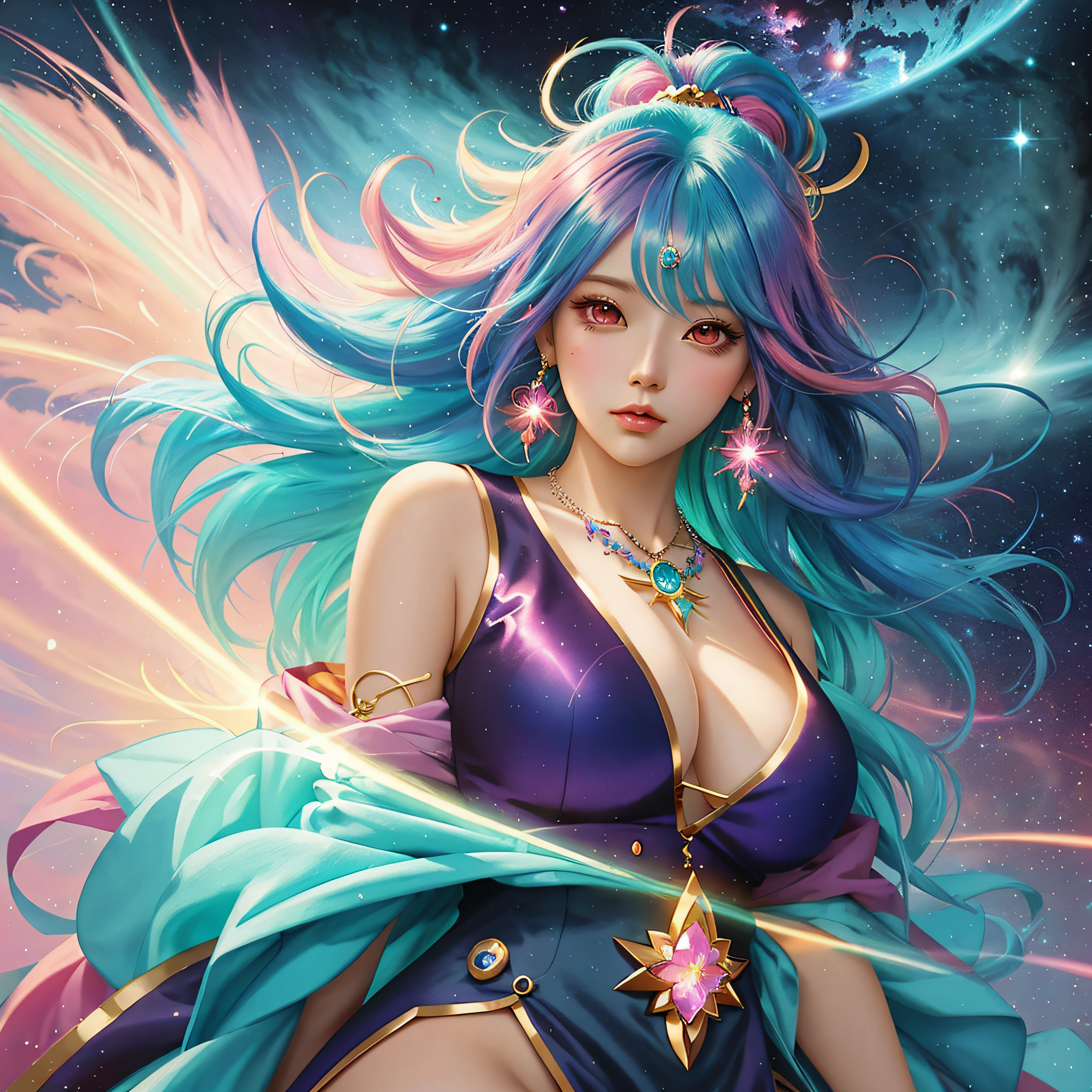Close-up of a woman with colorful hair and necklace, anime girl with cosmic hair, The soft vibrancy of Ross Dres, Gviz-inspired artwork, Fantasy Art Style, Colorful]", vibrant fantasy style, rossdraws cartoon vibrant, Colorful, guweiz, colorfull digital fantasy art, stunning art style, beautiful anime style, Glowing hair、huge udder