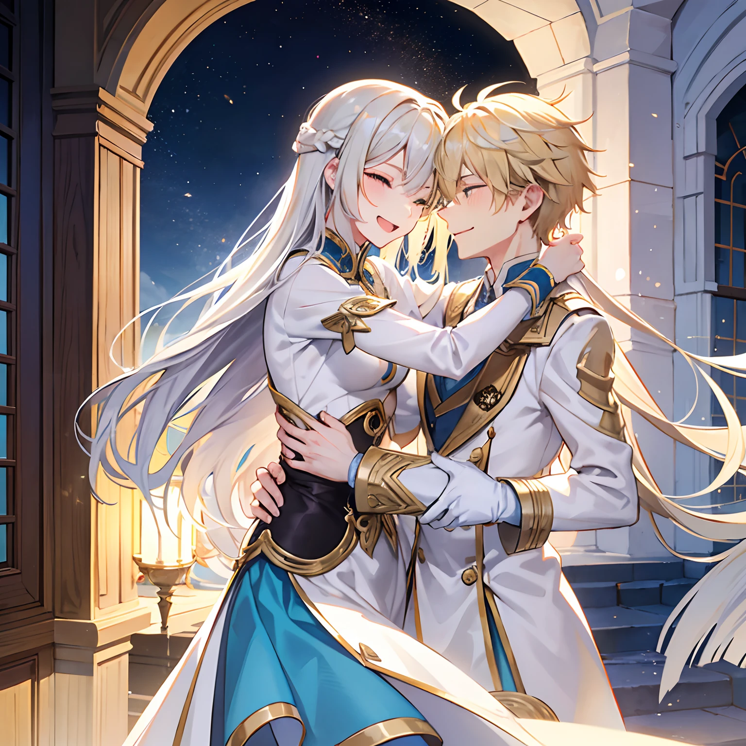 Men and women in their 20s、man 1、Female 1、femele(Blonde semi-long)、male people(Silver-haired shortcut)、divine atmosphere、embracing each other、joyous expression
