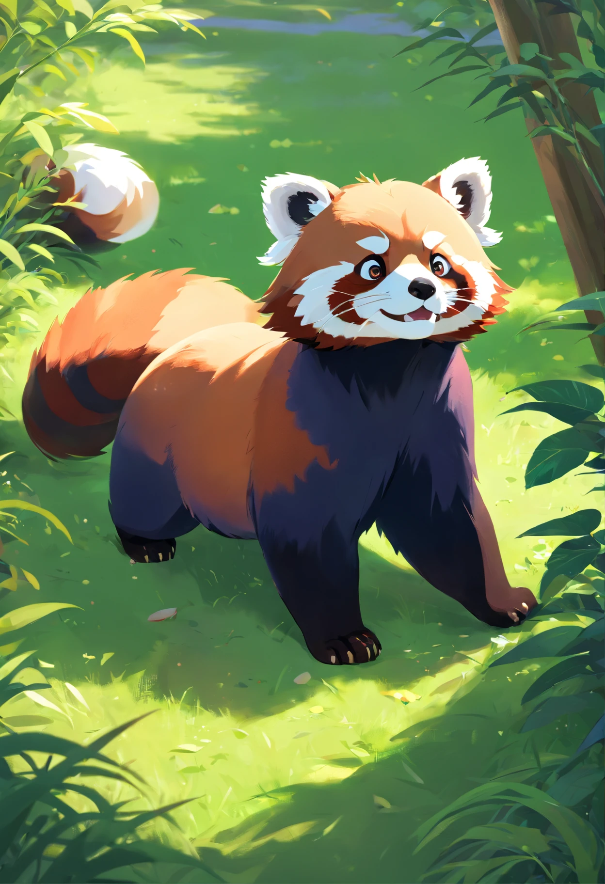 Cute Red Panda,Fluffy,vivid expressions,Playing on the green grass,Biting your own tail,vivid expressions,natural soft light,Soft Focus Filter,ultraclear,Hyper-detailing,8K,a picture,3d rendered