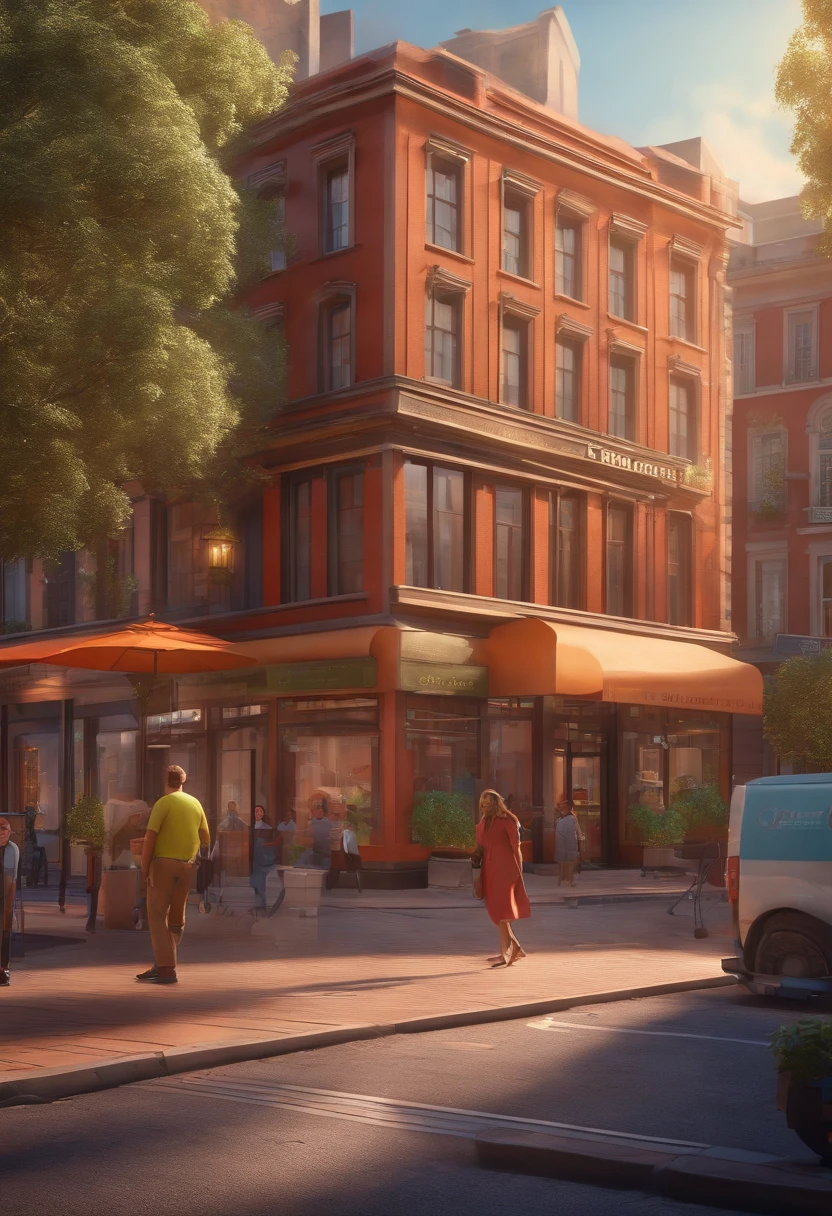 Pixar 3D style drawing of a slimming clinic in the city center with a character in the foreground