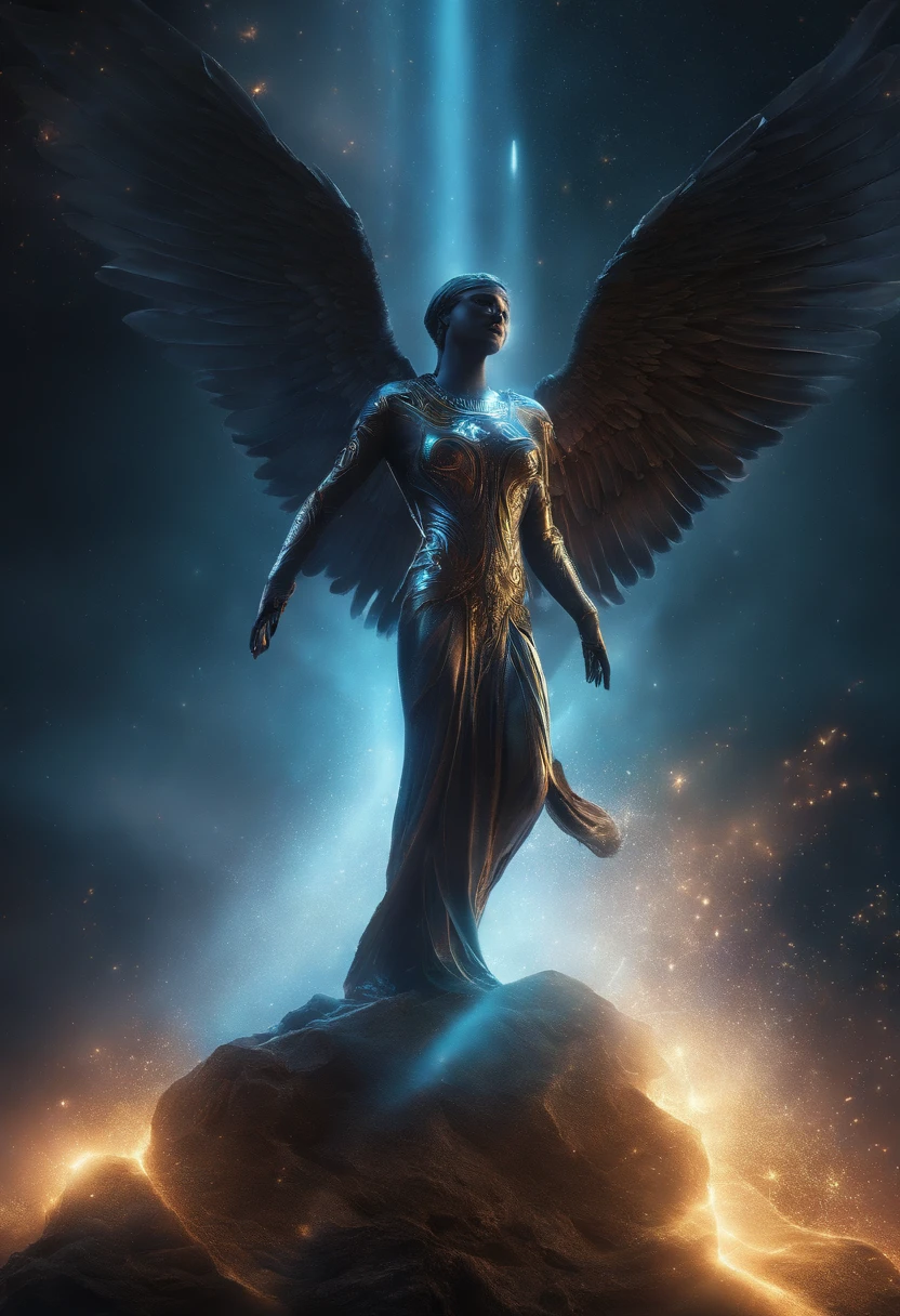 cosmic fallen angel, olhos claros brilhantes, Biomechanicals, estranho, assustador, Pesadelo, cores muito brilhantes, light particles, com luz brilhante, Mshiff, Arte do papel de parede, Papel de parede UHD