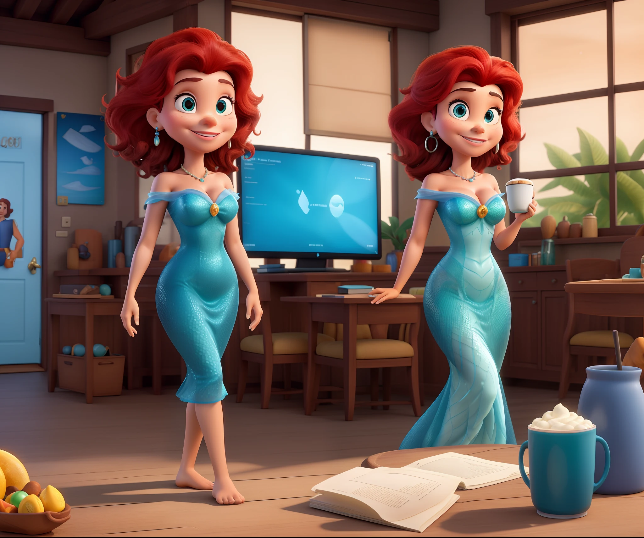 Obra-prima, de melhor qualidade, mulher , de 34 anos , magra , cabelos vermelhos , olhos azul, Traits of Disney's Ariel , em um escrito , com um MacBook na mesa , A coffee in hand ,