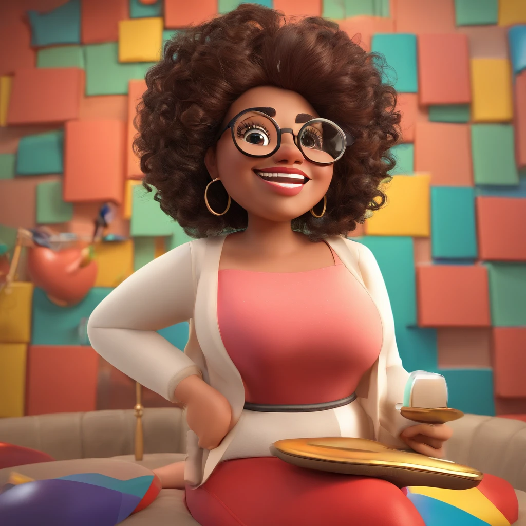 Crie um cartaz inspirado na Disney Pixar com a personagem valente . Uma mulher gorda,  Brown-haired and curly wearing round gold glasses and in a music studio with a Shure Condenser microphone.