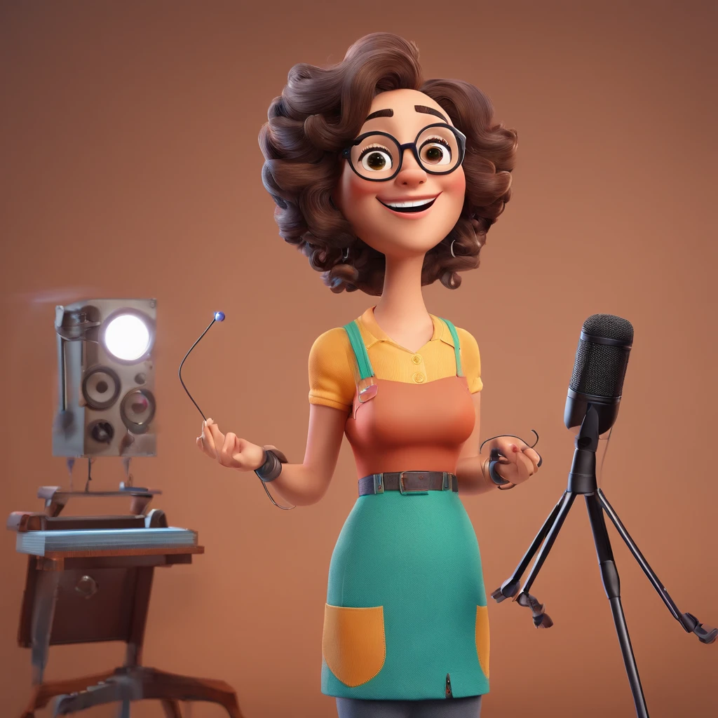 Crie um cartaz inspirado na Disney Pixar com a personagem valente . Uma mulher gorda,  Brown-haired and curly wearing round gold glasses and in a music studio with a Shure Condenser microphone.