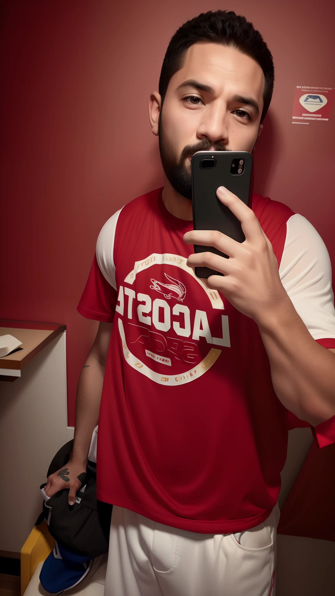 Homem de Arafed tirando uma selfie com uma camisa vermelha Laccofe, em camiseta, imagem frontal, taken with the best dlsr camera, Camiseta!!, camisa vermelha, camiseta vermelha, imagem de qualidade muito baixa, vestindo camisa de basquete, imagem do iphone, retrato!!!!!!, by Rodolfo Amoedo, Vestindo a camisa da NBA, vestindo uma camiseta