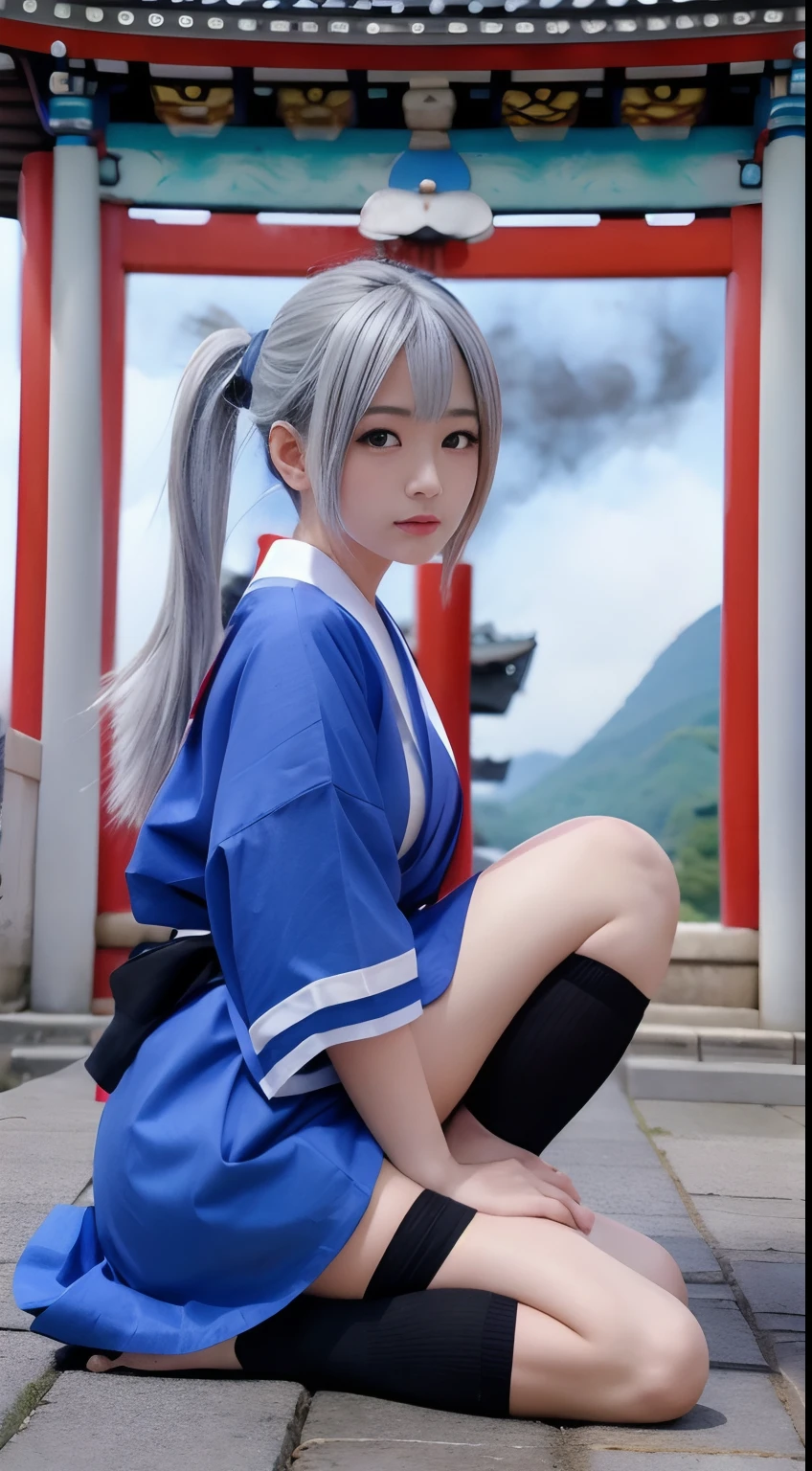 eboshi、Blue miniskirt、shrine maiden、Black High Socks、Silver Hair Ponytail、Fire effect、a temple background、hiquality