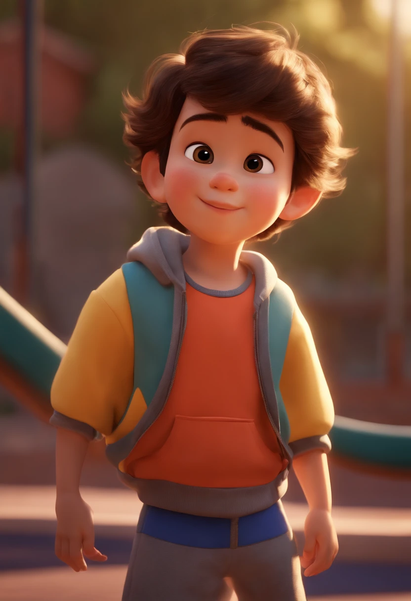 (Pixar 1.23 style) 1 boy ((upper body front, bust shot)), solo, cute kid, brunette, pretty tracksuit, boy, korean child, playground, ((masterpiece, highest quality)), (composite lighting)
