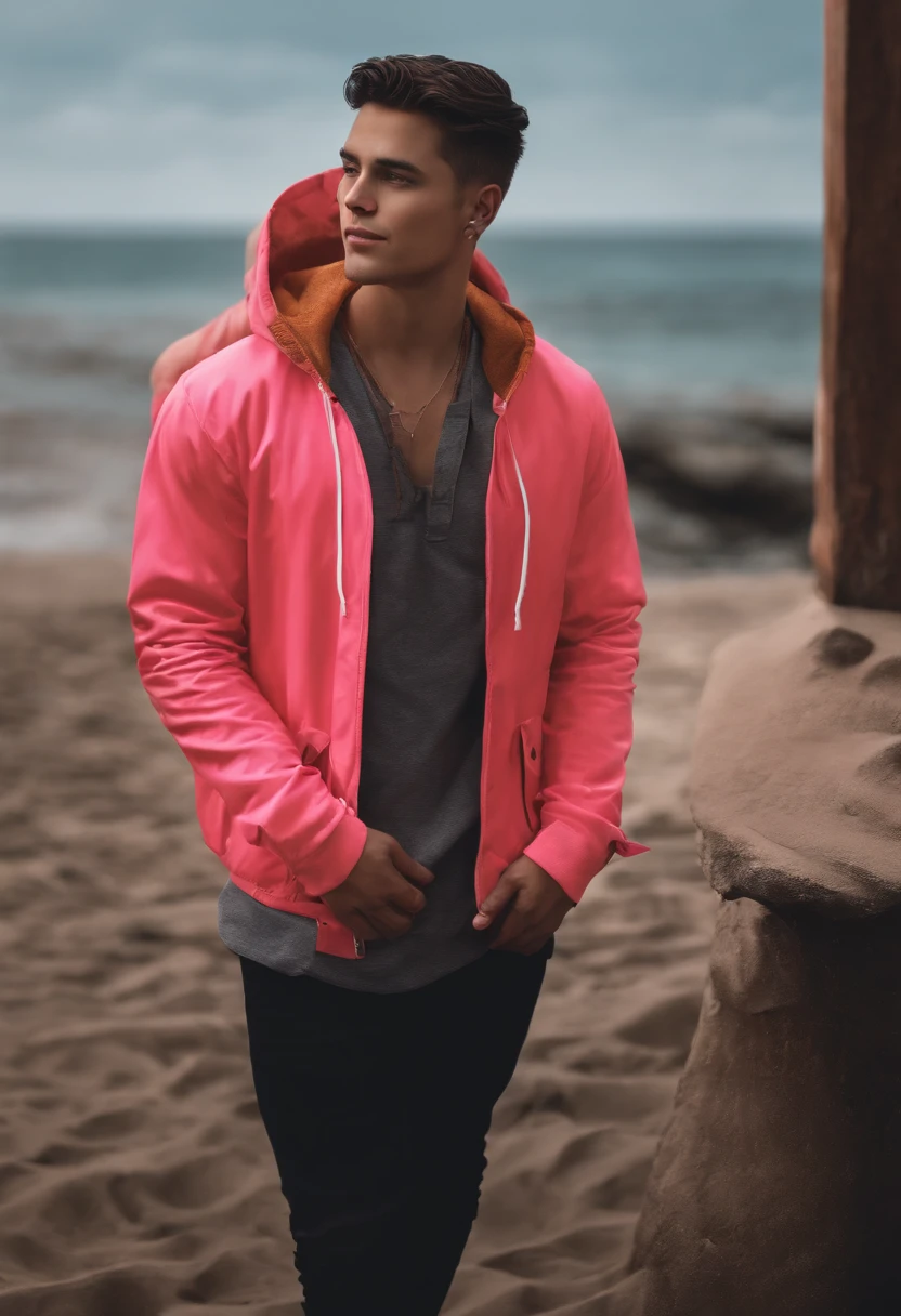 1boy,male people, ember,20 years old, teenager, Light black hair, azure big beautiful eyes, chubby face, by lake, Solo Focus Teenager Face, Shocking Pink Neon Hoodie、White inner, Handsome, Smiling, Realistic, dynamic pose realistic, Detailed and correct facial structure, Leon S.Kennedy, Handsome, Extremely detailed, Dynamic Angle, cowboyshot, The most beautiful forms, Elegant, vivd colour, romanticism, by james jean, roby dwi antono, by Ross Tran, Francis Bacon, michal mraz, Adrian Ghenny, petra cortright, Gerhard Richter, Takato Yamamoto, Ashley Wood, Atmospheric、facing front