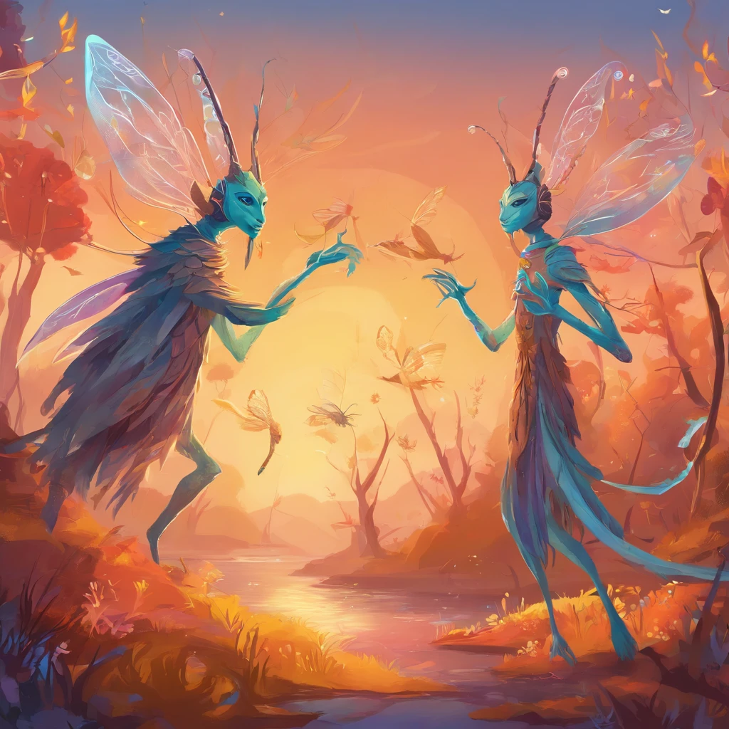 Anthropomorphic, Dancing locusts in the style of Disney animation, flat, vectorised, 8K resolution, Masterpiece, and super detailed.