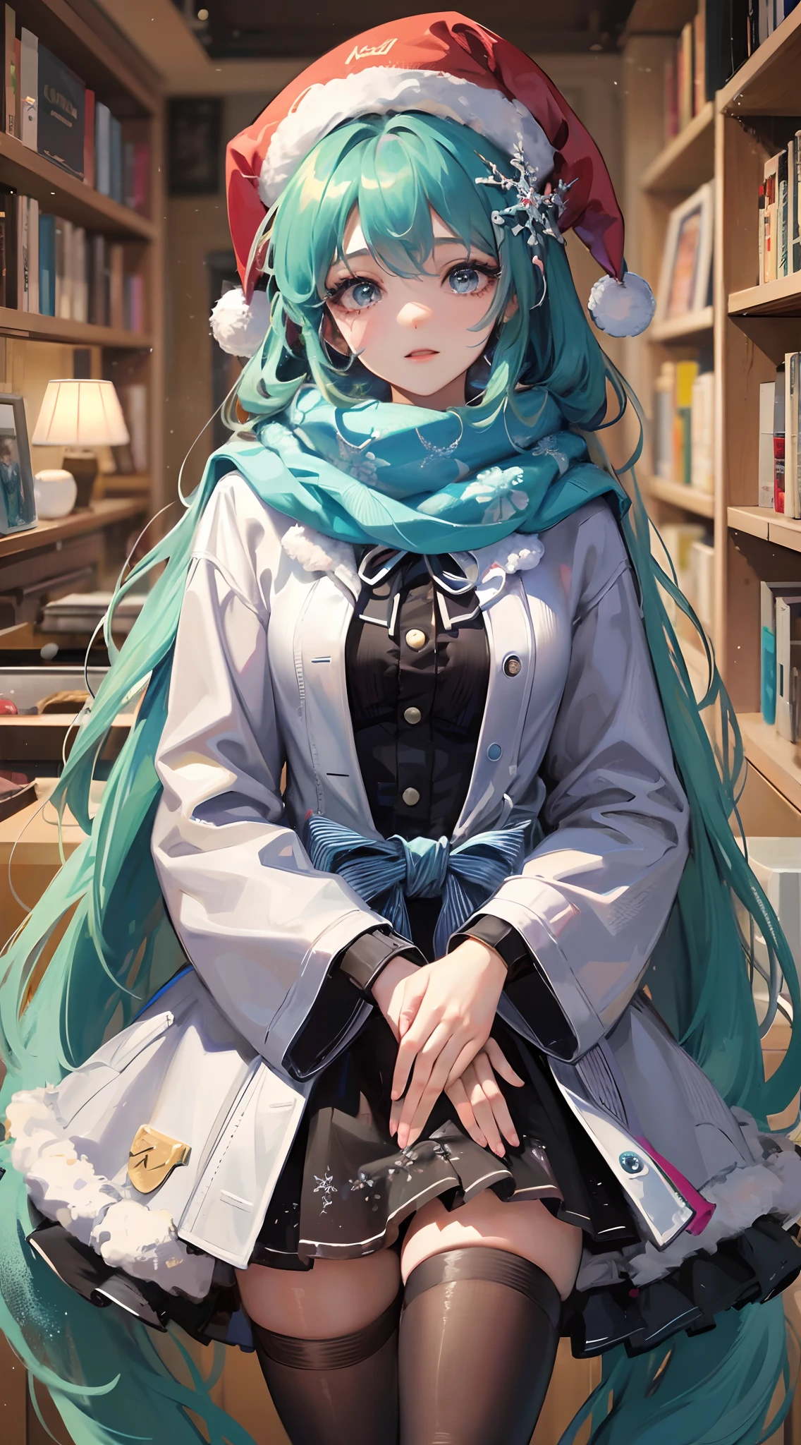 Absurdres masterpiece HDR high quality picture of Hatsune Miku, very young age girl 14 years old with detailed face, simple hair design , beautiful face, hands on waist and hands are hiding in her hair and clothes , very long hair, ((random hair style:1 )) , anime eyes, light skin ,
Winter protect outfit , muffler scarf and hat for winter, detailed hair ornaments , Christmas town background, masterpiece scenery
