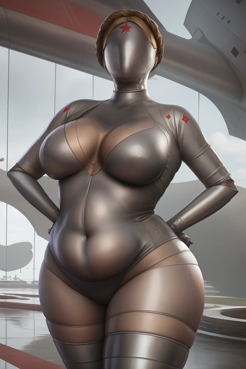 masterpiece, faceless, best quality, photorealistic, twins, Atomic Heart, beautiful, sexy, soviet star, big deep navel, chubby, curvy, grey skin, very soft, chubby belly, love handles, muffin top, thunder thighs, fatty, fed up, got fat