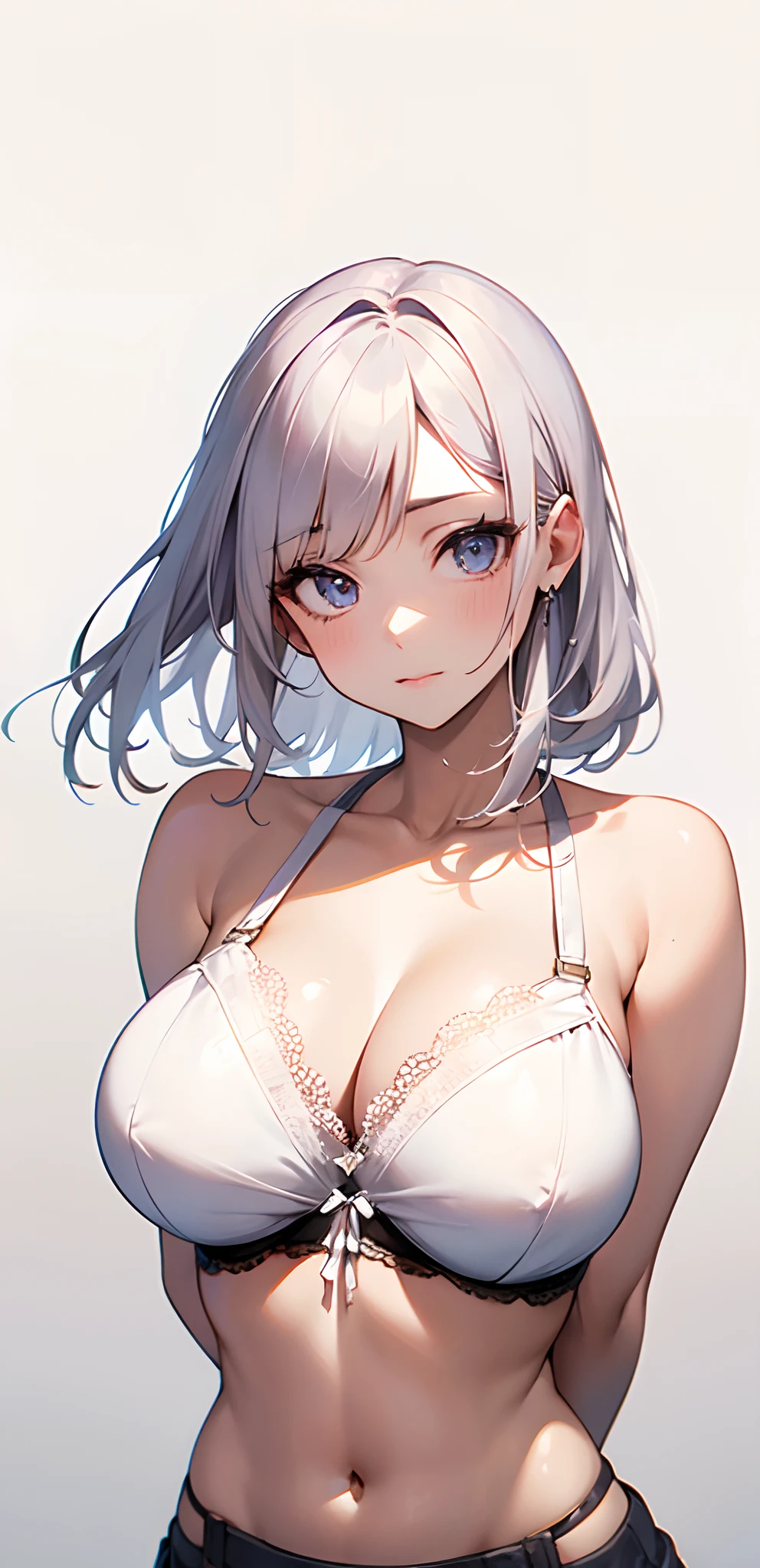 Massive sagging breasts, breasts pressed together, sideboobs visible, upper body only, bra, lace trim