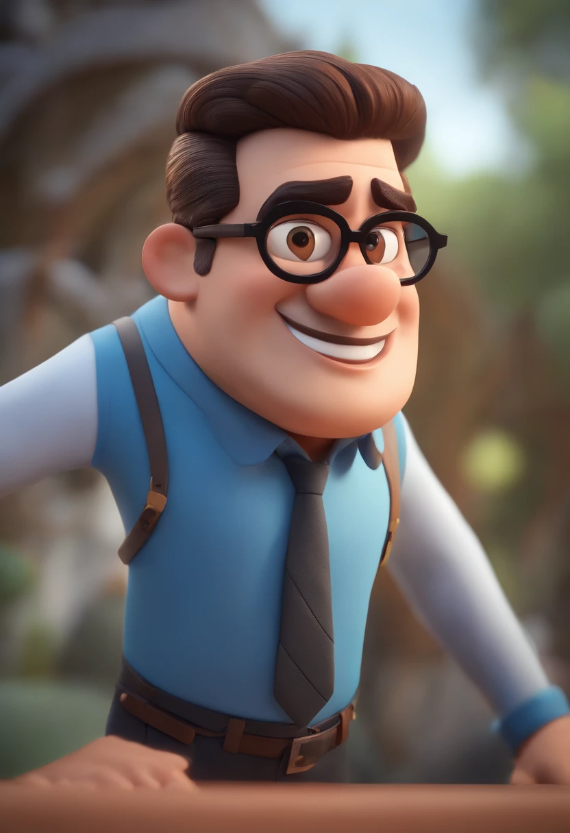 Cartoon character of a man wearing black glasses and a blue shirt, um personagem animado, Caractere estilizado, animation style rendering, 3D estilizado, Arnold Maya render, 3 d render stylized, toon render keyshot, Personagem 3D, Personagem 3D, 3d rendering stylized, 3 d character render, personagem de desenho animado, Personagem de close up, Pose de personagem, (Estilo Pixar) (master part:1.2) (Bokeh) (best quality) (pele detalhada) (textura detalhada) (8k) (argila) (Cinematic lighting) (foco nítido,Senta e vaza a parte superior do corpo