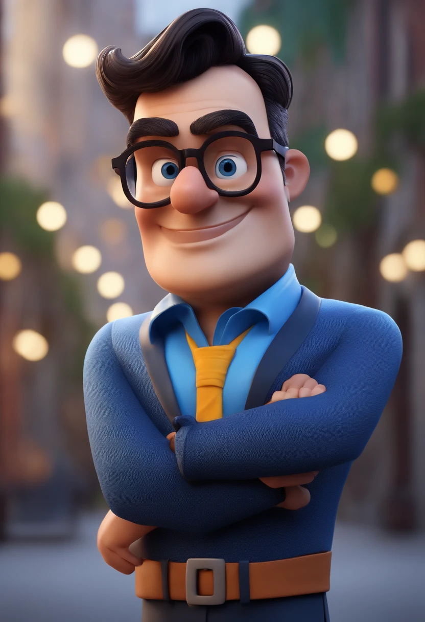 Cartoon character of a man with black glasses and a blue shirt, animation character, Caractere estilizado, animation style rendering, 3D estilizado, Arnold Maya render, 3 d render stylized, toon render keyshot, Personagem 3D, Personagem 3D, 3d rendering stylized, 3 d character render, personagem de desenho animado, Personagem de close up, Pose de personagem, (Estilo Pixar) (master part:1.2) (Bokeh) (best quality) (pele detalhada) (textura detalhada) (8k) (argila) (Cinematic lighting) (foco nítido