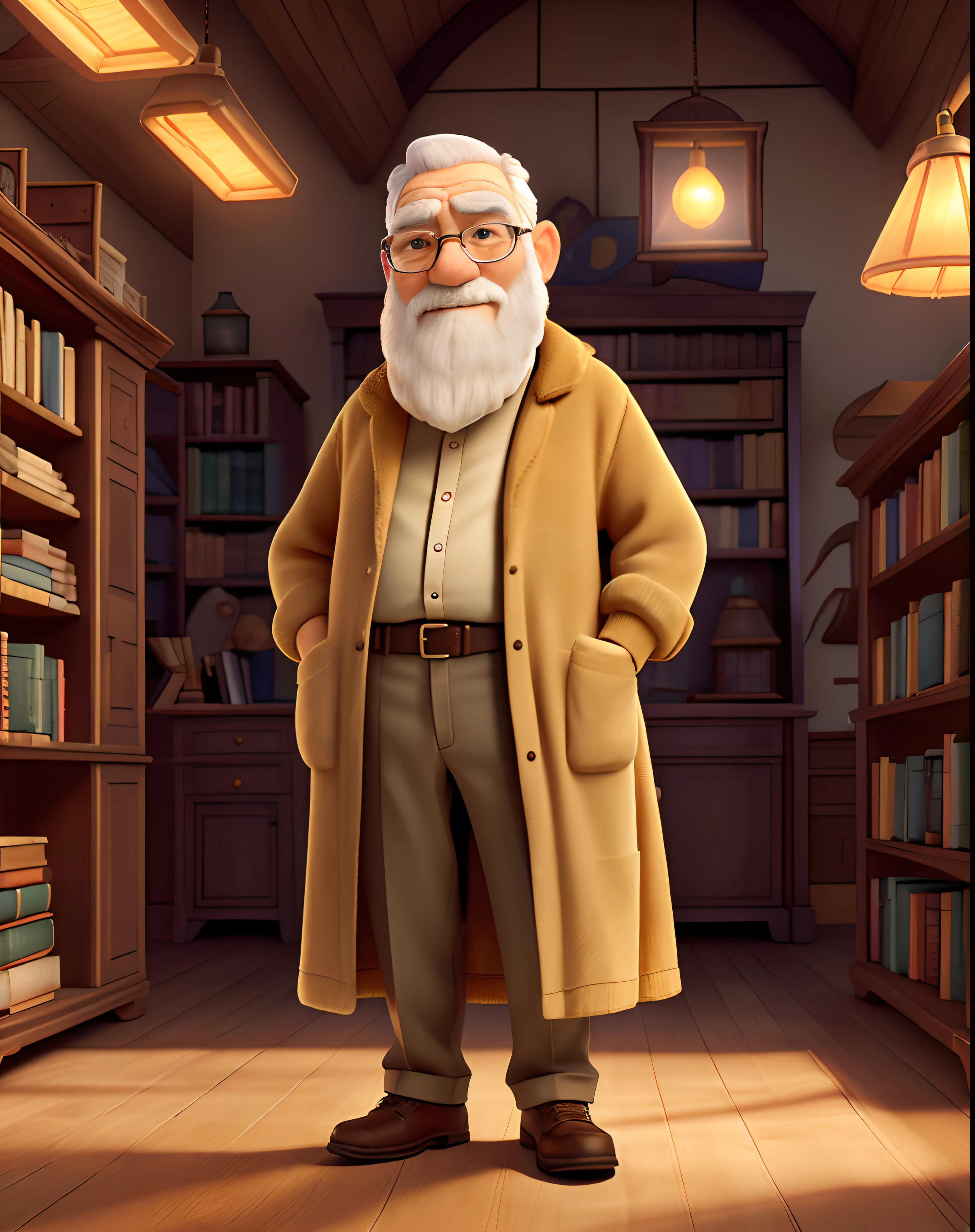 (Old wise man standing in front, illuminated by the light of a lamp, against the backdrop of a library),(portraits),(oil painting),(detailed face, long white beard),(wearing a worn-out robe),(holding a thick book),(surrounded by bookshelves filled with dusty old books),(warm and cozy atmosphere),(dark brown wooden floors),(soft warm lighting),(mysterious shadows),(subtle golden tones),(high resolution),(ultra-detailed),(realistic)
