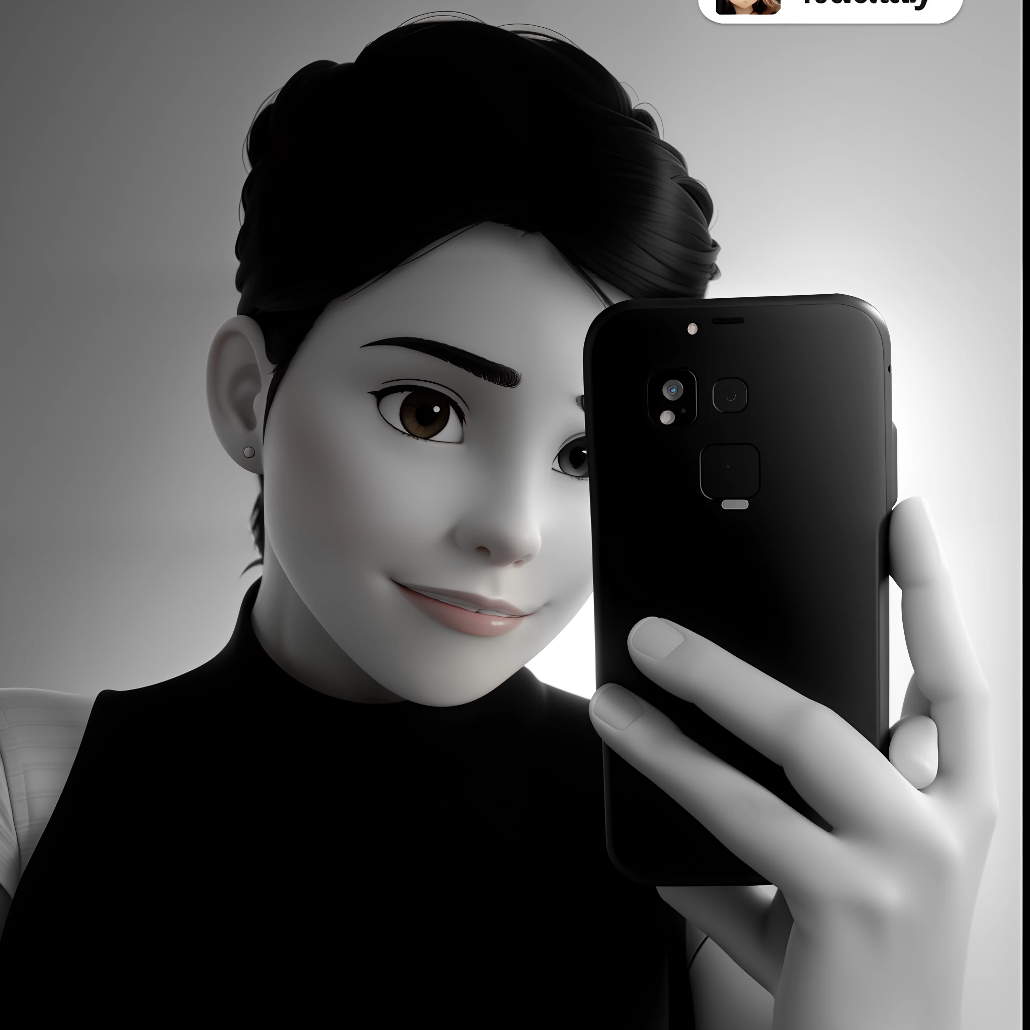 Uma mulher de cabelo curto preto segurando um celular, best resolution, alta resolução