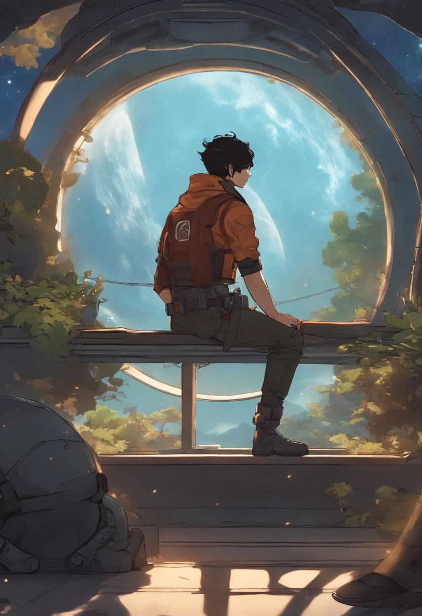 Anime guy sitting on the floor looking at the planet, Cowboy espacial, cyber space cowboy, inspirado em Josan Gonzalez, Makoto Shinkai ( apex legends ), Akira Estilo de Arte, Estilo Ross Tran, Akira vibra, Akira Estilo de Arte, flutuando ao lado de planetas, Josana Gonzales, Sci - Arte Fi!!!!!!!, Josana Gonzales!!!, in space, modern sci-fi anime