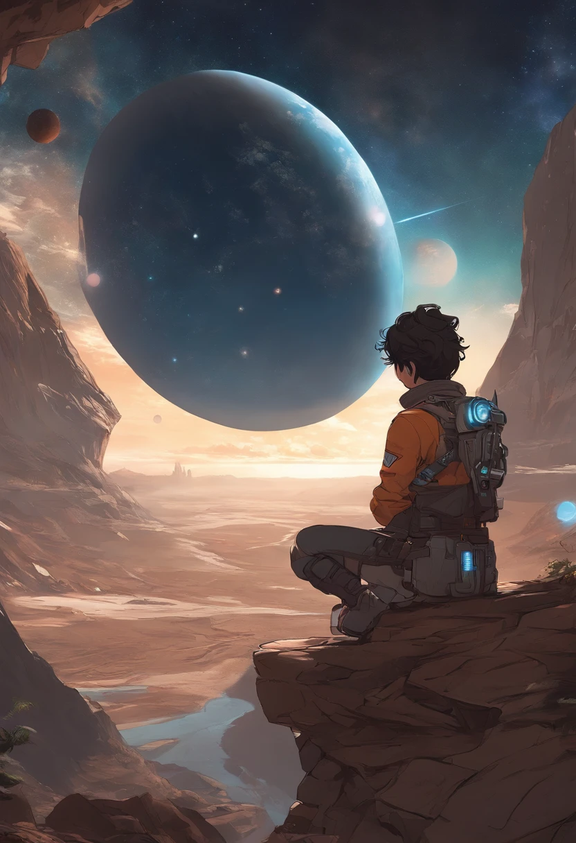 Anime guy sitting on the floor looking at the planet, Cowboy espacial, cyber space cowboy, inspirado em Josan Gonzalez, Makoto Shinkai ( apex legends ), Akira Estilo de Arte, Estilo Ross Tran, Akira vibra, Akira Estilo de Arte, flutuando ao lado de planetas, Josana Gonzales, Sci - Arte Fi!!!!!!!, Josana Gonzales!!!, in space, modern sci-fi anime